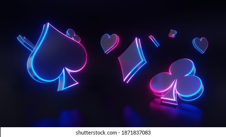3D rendering of playing neon cards abstract background.