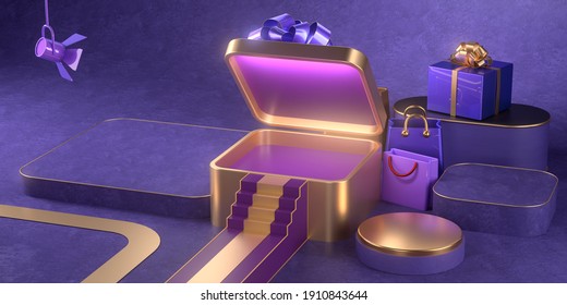 3d Rendering Of Podium And Gift Box.
