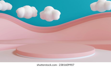 3d rendering podium pink and mountain layers and cotton candy clouds background