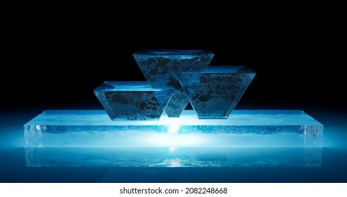 3D rendering. A podium or stand made of a solid piece of ice triangular in blue on a dark background in neon light. Background for the studio.