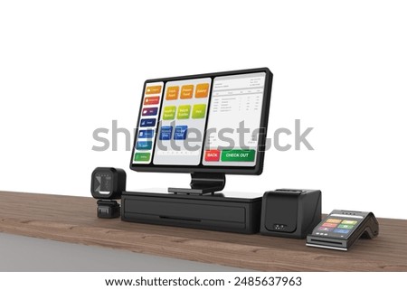 3d rendering point of sale system or cash register machine on desk isolated on white
