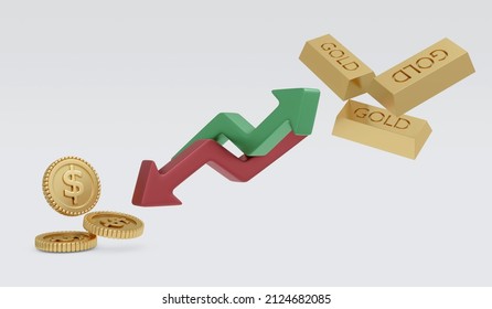 3d Rendering Pointing Down Of Graph Of Dollar And Rise Up Of Graph Of Gold Concept Of Price Comparison Fiat Currency And Gold, Save Heaven Asset. 3D Render Illustration.