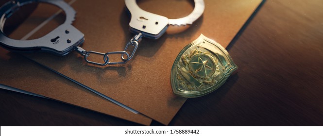 3D Rendering Of A Police Badge With Handcuffs On A Dark Background