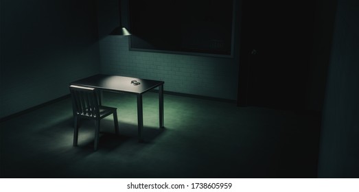 3D Rendering Of A Police Innterrogation Room With Double Sided Mirror And Dramatic Lighting / Illustration