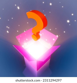 3D Rendering - Pop the Question Concept, Question Mark pops out the box with stars