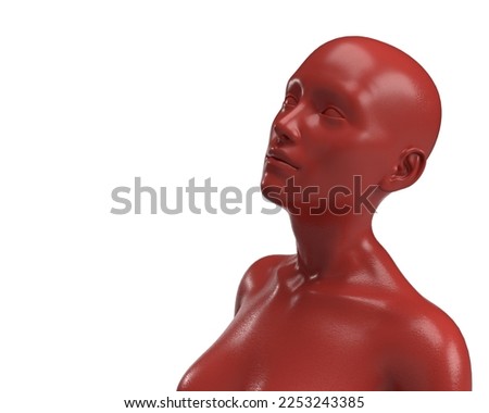 3D rendering of a portrait of a red matte bald woman on a white background. . 3D Illustration