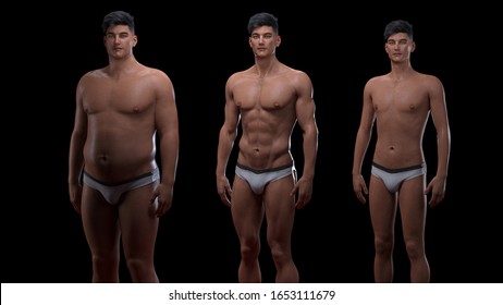 3D Rendering : the portrait of standing male body type : ectomorph (skinny type), mesomorph (muscular type), endomorph(heavy weight type)