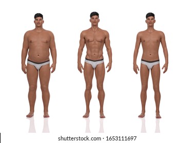 3D Rendering : the portrait of standing male body type : ectomorph (skinny type), mesomorph (muscular type), endomorph(heavy weight type)