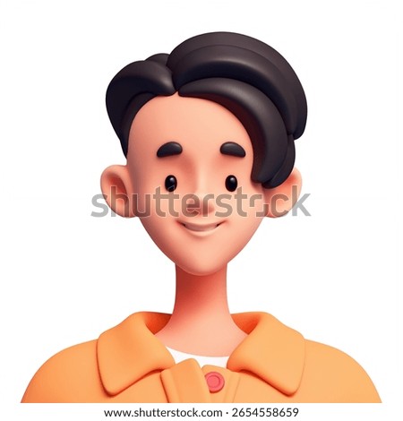3d rendering portrait of stylized cute handsome excited asian smiling brunette guy in casual fashion clothes orange sweater. Positive schoolboy avatar for social networks accounts on white background.