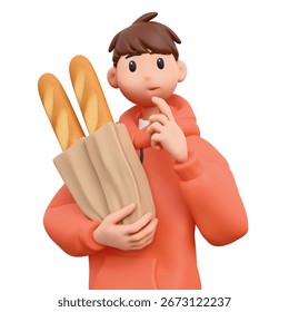 3d rendering portrait of stylized thoughtful asian teen boy in casual fashion clothes, red hooded shirt, holding paper bag with baguettes, shopping touches chin with hand thinking on white background.