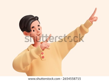 3d rendering portrait of stylized young smiling asian brunette guy with open mouth in dynamic pose pointing with index fingers of both hands to empty space, advice, great offer on pastel background.