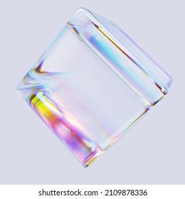 3d Rendering Poster Design Element, Abstract Colorful Gradient Shape, Glass Cube With Multicolored Refraction Effect,