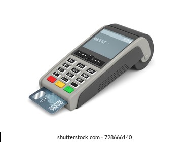3d rendering of a POS-terminal with a generic plastic card inside and a screen with a writing AMOUNT on it. Checkout equipment. Plastic cards accepted. In-store terminal.