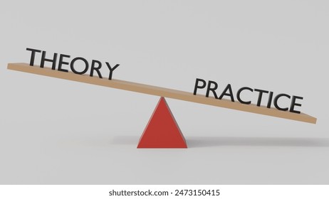 3d rendering of practice and theory in balance; a scale and words practice and theory