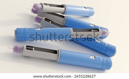 A 3d rendering of pre-filled GLP-1 receptor agonist pens, used for the treatment of type 2 diabetes or for weight management. It's disposable or multi-dose reusable pen.