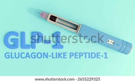 A 3d rendering of pre-filled injection pen, similar to those used for diabetes or weight management medications with letters spell out GLP-1