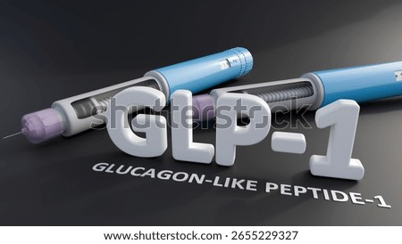 A 3d rendering of pre-filled injection pen, similar to those used for diabetes or weight management medications with letters spell out GLP-1