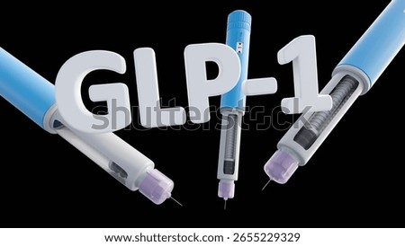 A 3d rendering of pre-filled injection pen, similar to those used for diabetes or weight management medications with letters spell out GLP-1