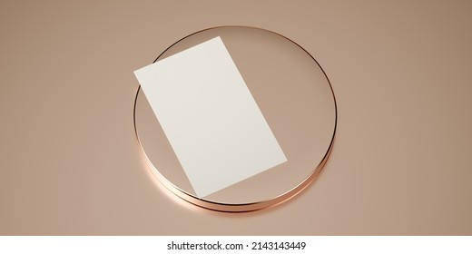 3D Rendering Premium Business Card Mockup On Luxury Rose Gold Base Pastel Background Visiting Card From Top View