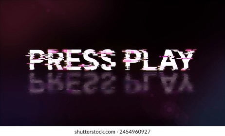 3D rendering press play text with screen effects of technological failures. Spectacular screen glitch with various kinds of interference