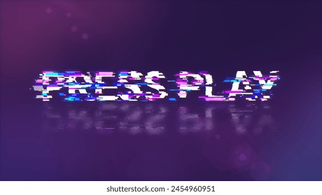 3D rendering press play text with screen effects of technological failures. Spectacular screen glitch with various kinds of interference