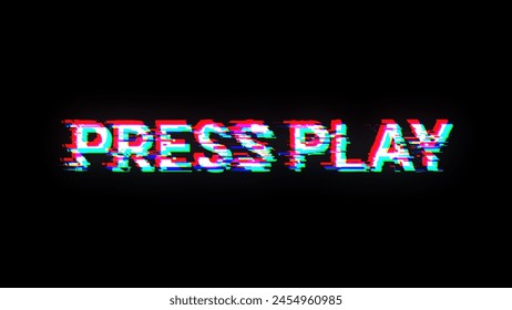 3D rendering press play text with screen effects of technological failures. Spectacular screen glitch with various kinds of interference
