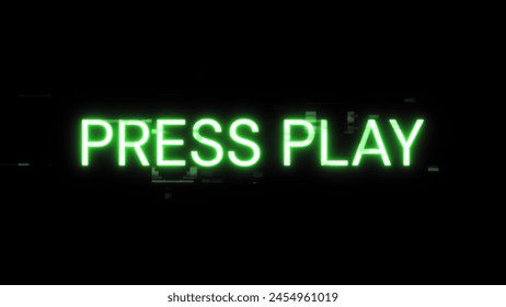 3D rendering press play text with screen effects of technological failures. Spectacular screen glitch with various kinds of interference