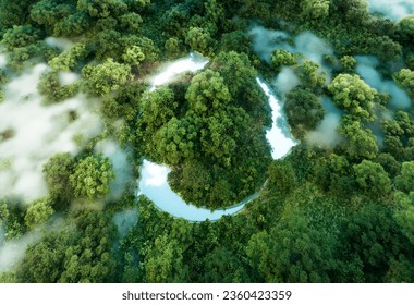 3D Rendering of a Pristine Jungle Pond Featuring an Abstract Icon Encouraging Ecological Recycling and Reuse with a Central Recycling Symbol.