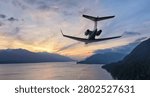 A 3d Rendering of a private jet soaring over a mountain lake at sunset with Background in BC, Canada