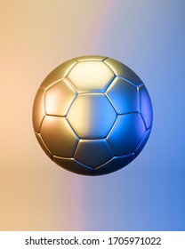 3d Rendering Prize Metallic Soccer Ball Lit In Neon Colors,  Place For Text, Banner, Icon, Wallpaper