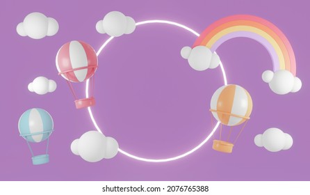 3D Rendering product display circle rings with rainbow clouds hot air balloons and stars on background for commercial design. Minimal purple theme. 3D Render illustration.