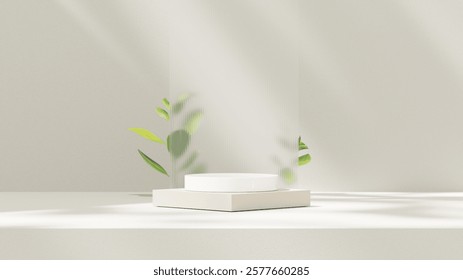 A 3D rendering of a product display stand made of clear glass, accompanied by decorative plants in the background, set against a horizontal beige wall.