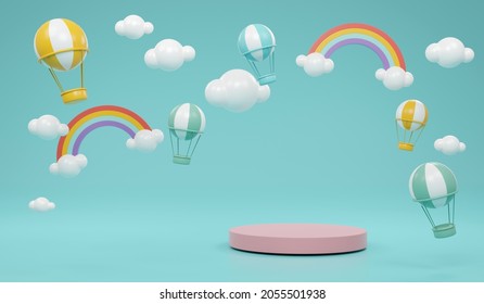 3D Rendering product stand podium display with rainbow clouds hot air balloons and stars on background for commercial design concept of rainbow podium. - Powered by Shutterstock