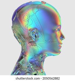 3D Rendering: Profile View Of Humanoid Face In Iridescent Colors