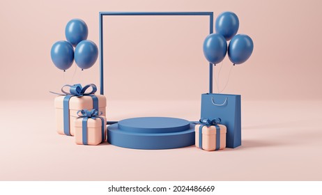 3d rendering of promotion sale with gifts, shopping bag and balloon on minimal pink blue background.