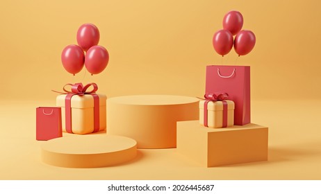 3d Rendering Of Promotion Sale With Gifts, Shopping Bag And Balloon On Minimal Red Yellow Background.