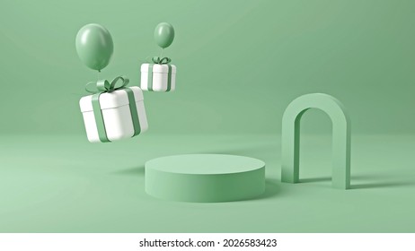 3d Rendering Of Promotion Sale With  Podium Gifts, Shopping Bag And Balloon On Minimal Green Background.