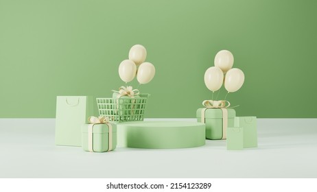 3d Rendering Of Promotion Sale With Stand, Gift Boxes, Presents And Balloon Poster Podium Pastel, Light Green. Background.