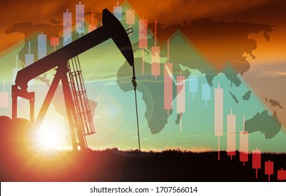 3D rendering of pump jack silhouette against a sunset sky with world map and declining stock chart background. Concept of depletion or declining oil production and gas industry or falling oil prices.