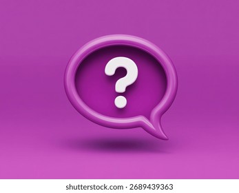 A 3D rendering of a purple speech bubble with a white question mark inside on a purple background.