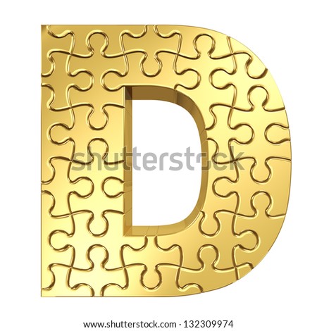 3d rendering of the puzzle letter D in gold metal on a white isolated background.