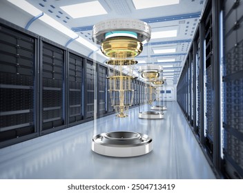 3d rendering quantum server network with quantum computer machine in server room
