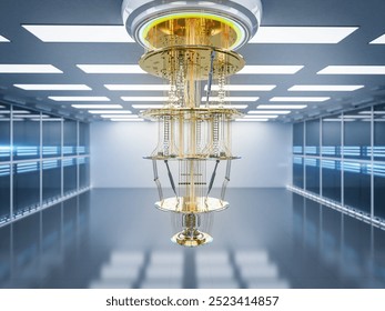 3d rendering quantum server network with quantum computer machine in server room