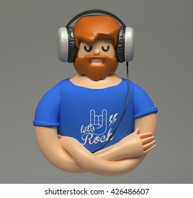 3d rendering. Quietly young man with beard listening to music with big headphone. Cartoon style character. Cute figure isolated on grey background. - Powered by Shutterstock