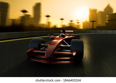 3D Rendering Of A Racecar Speeding In A Track With A City Background. Self Designed Car.