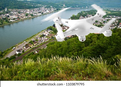 3d rendering radio-controlled quadcopter with camera for video and photo shoot speedy orange-red racing on white background isolated