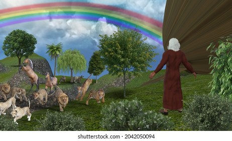 3D Rendering Of The Rainbow After Noah And The Animals Exit The Ark