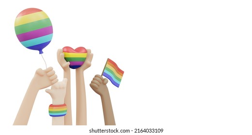 3D Rendering rainbow icon heart balloon flag and wrist ban with space for concept of support for LGBTQ community pride parade month isolated on white background. 3D Render illustration cartoon style.