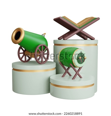 3D Rendering ramadan cannon with drum and islamic book isolated