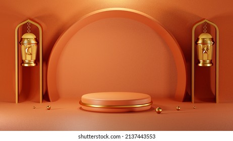 3D Rendering, Ramadan Concept, Deluxe Round Podium Display Bright Orange And Bar Line Gold, Abstract Minimal Concept, Luxury Design Mockup, Black Rough Background